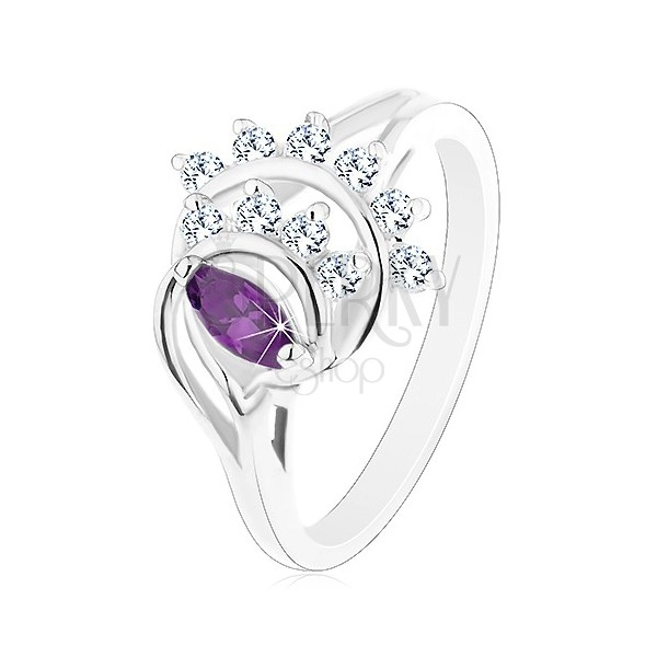 Prsten s rozdělenými rameny, fialové zrnko, oblouky z čirých zirkonů