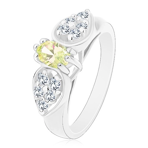 Lesklý prsten ve stříbrném odstínu, mašlička se světle zeleným oválem - Velikost: 55