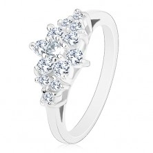 Prsten stříbrné barvy, třpytivý zirkonový kvítek s barevným středem