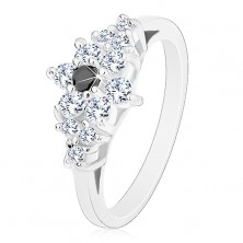 Prsten stříbrné barvy, třpytivý zirkonový kvítek s barevným středem