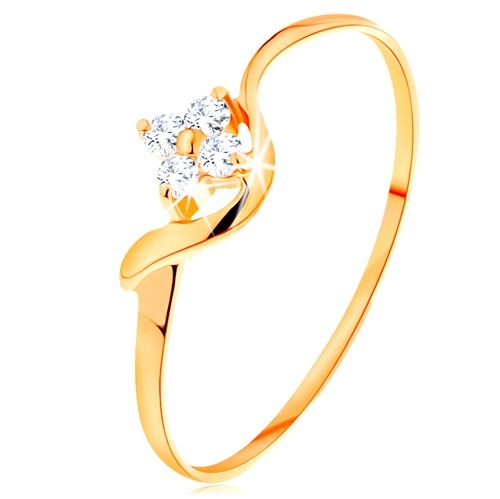 Prsten ze žlutého 14K zlata - čirý zirkonový kvítek, zvlněné rameno - Velikost: 60
