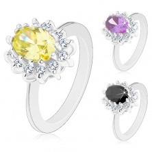Prsten stříbrné barvy, zářivý kvítek s barevným oválným středem