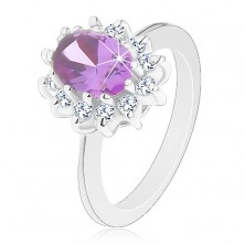 Prsten stříbrné barvy, zářivý kvítek s barevným oválným středem