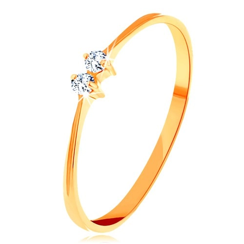 Zlatý prsten 585 - tenká lesklá ramena, dva zářivé zirkonky čiré barvy - Velikost: 65