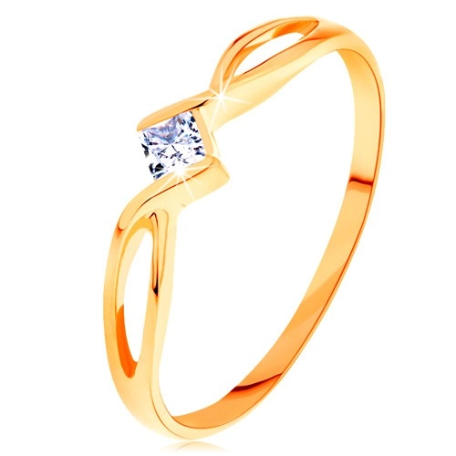 Zlatý prsten 585 - propletená rozdvojená ramena, čirý zirkonový čtvereček - Velikost: 48