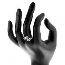 Prsten s lesklými rozdělenými rameny, oválné a kulaté zirkony, vlnka