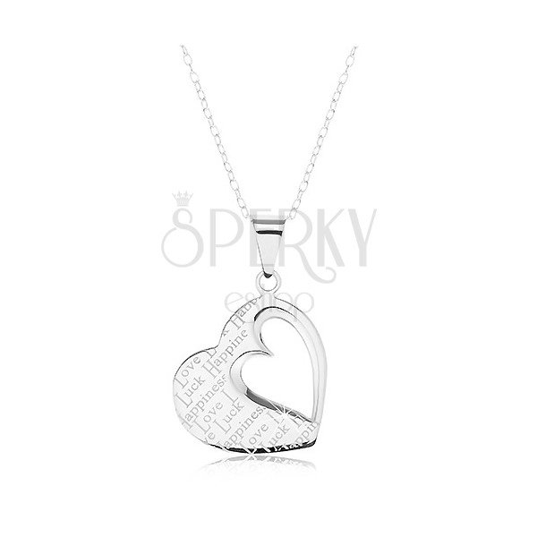 Stříbrný náhrdelník 925, přívěsek - ploché srdce s výřezem a nápisy