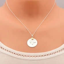 Stříbrný náhrdelník 925, kruhová známka - strom života, ptáček zlaté barvy