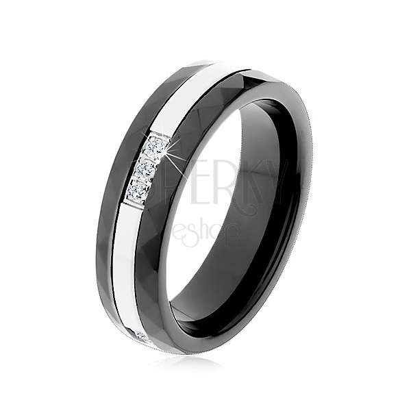 Prsten z černé keramiky s broušeným povrchem, tenký ocelový pás, zirkony