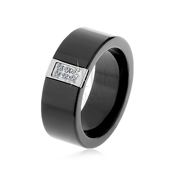 Černý keramický prsten s hladkým povrchem, ocelový obdélník se zirkony