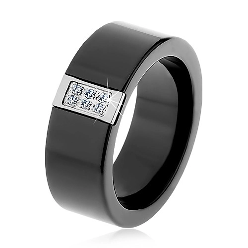 Černý keramický prsten s hladkým povrchem, ocelový obdélník se zirkony - Velikost: 63