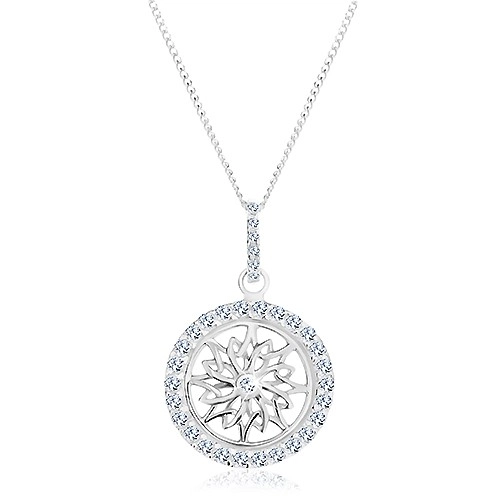 Stříbrný náhrdelník 925, řetízek a přívěsek, třpytivý kruh s ornamentem
