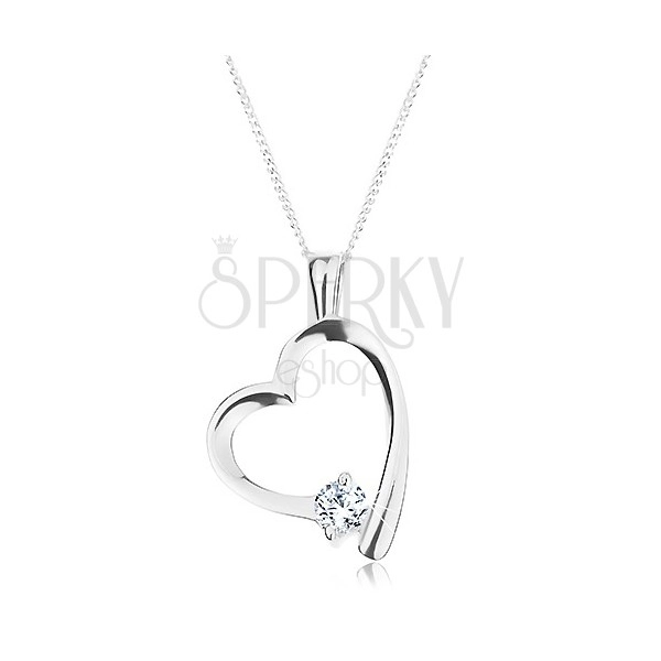 Stříbrný náhrdelník 925, řetízek a přívěsek, lesklá kontura srdce se zirkonem