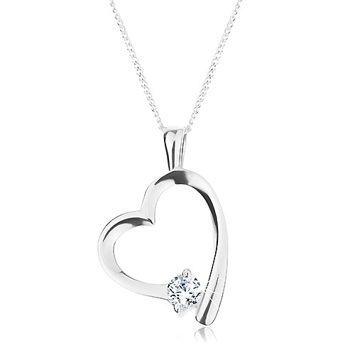 Stříbrný náhrdelník 925, řetízek a přívěsek, lesklá kontura srdce se zirkonem