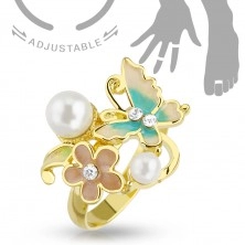Nastavitelný prsten na ruku nebo nohu zlaté barvy, motýl, květ a perličky