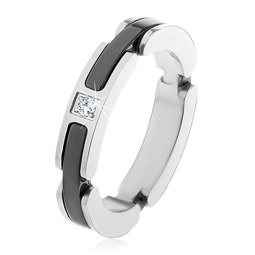 Ocelový prsten stříbrné barvy, výřezy s keramickými pásy, čirý zirkon - Velikost: 56