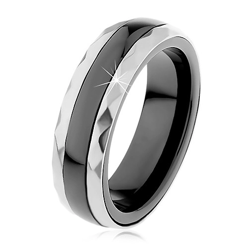 Keramický prsten černé barvy, broušené ocelové pásy ve stříbrném odstínu - Velikost: 57