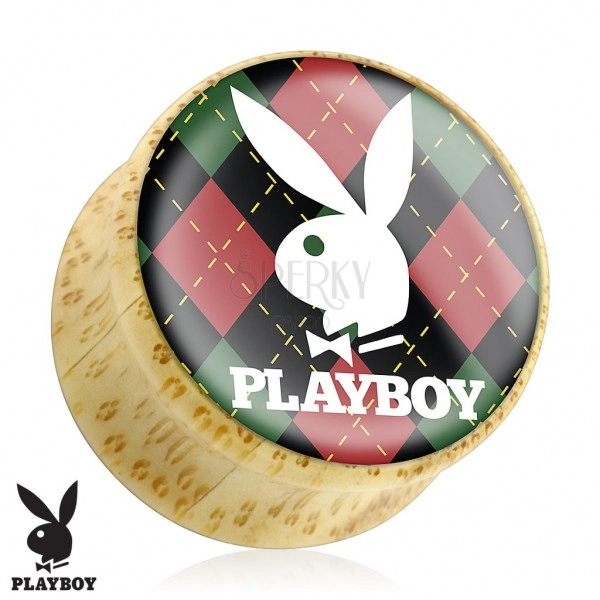 Plug do ucha z bambusového dřeva, zajíček Playboy na károvaném podkladu