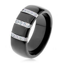 Černý keramický prsten s hladkým povrchem, tři ocelové pásy se zirkony