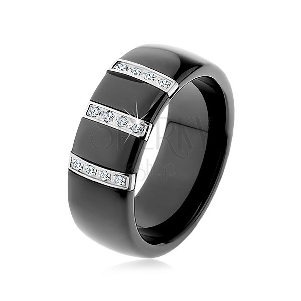 Černý keramický prsten s hladkým povrchem, tři ocelové pásy se zirkony