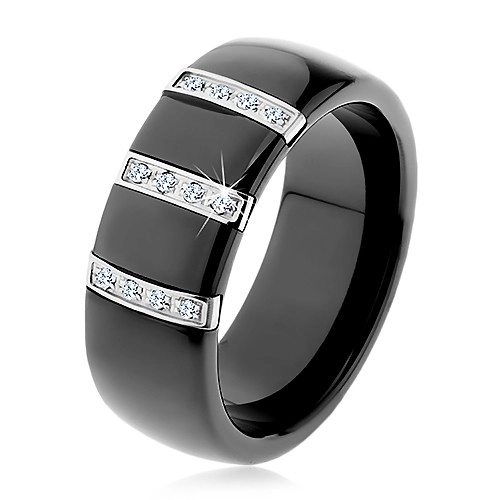 Černý keramický prsten s hladkým povrchem, tři ocelové pásy se zirkony - Velikost: 56