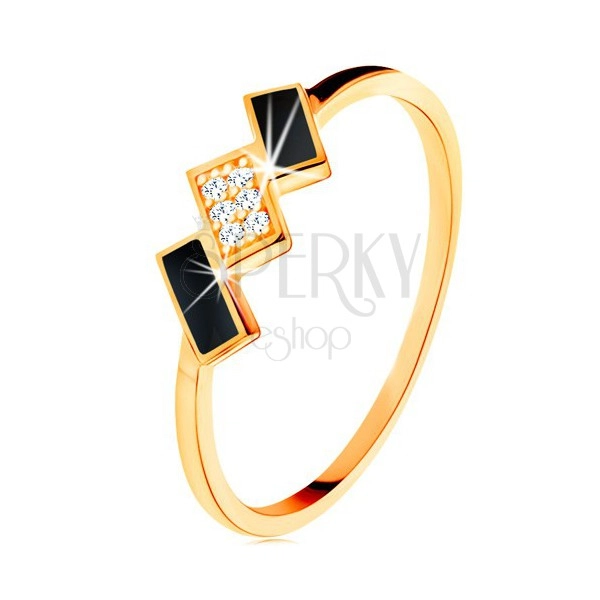 Zlatý prsten 585 - šikmé obdélníky zdobené černou glazurou a zirkony