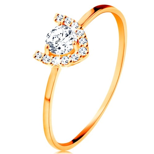Prsten ve žlutém 14K zlatě - třpytivá podkova, velký kulatý zirkon - Velikost: 49