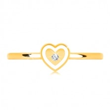 Prsten ve žlutém 14K zlatě - srdíčko s bílým okrajem a čirým zirkonkem