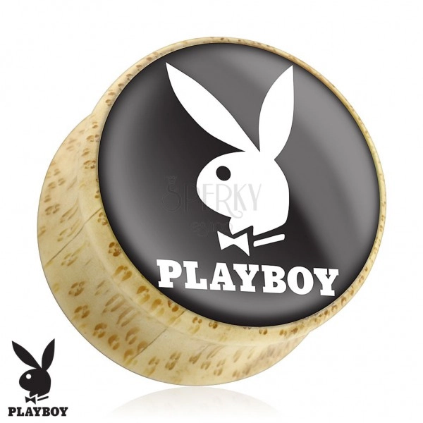 Sedlový plug do ucha z přírodního dřeva, zajíček Playboy, černý podklad