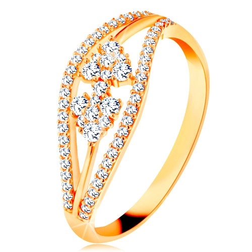 Prsten ze žlutého 14K zlata - zvlněné třpytivé linie a mašlička ze zirkonů - Velikost: 50