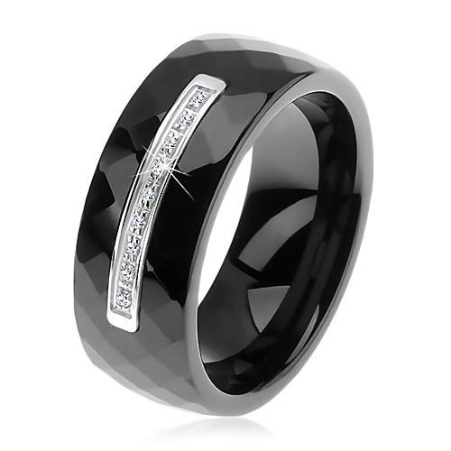 Prsten z černé keramiky s broušeným povrchem, tenký ocelový pás, zirkony - Velikost: 57