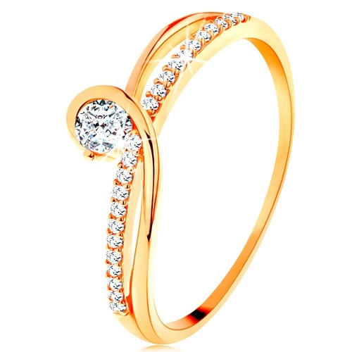Zlatý prsten 585 s rozdělenými propletenými rameny, čirý zirkon - Velikost: 60