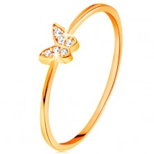 Zlatý prsten 585 - motýlek zdobený kulatými čirými zirkony
