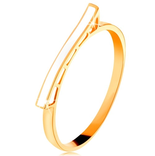 Prsten ze žlutého 14K zlata - bílá glazovaná vlnka, lesklá ramena - Velikost: 51
