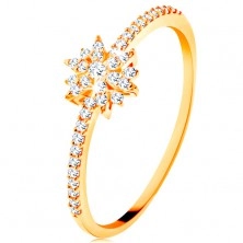 Prsten ze žlutého 14K zlata - zářivý květ z čirých zirkonů, třpytivá ramena