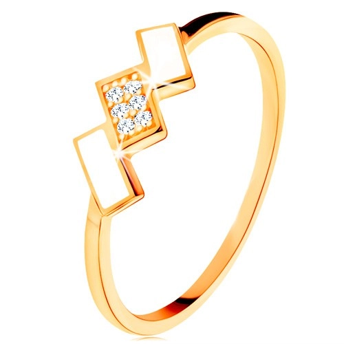Zlatý prsten 585 - šikmé obdélníky pokryté bílou glazurou a zirkony - Velikost: 51