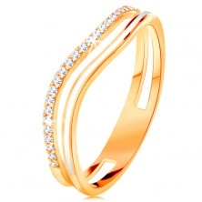 Prsten ze žlutého 14K zlata, zvlněná ramena s výřezem uprostřed, glazura a zirkony