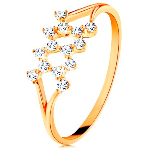 Zlatý prsten 585 - rozdělená zahnutá ramena, vzor cik-cak ze zirkonů - Velikost: 49