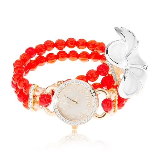Levně Analogové hodinky, korálkový červený náramek, ciferník se zirkony, bílý květ