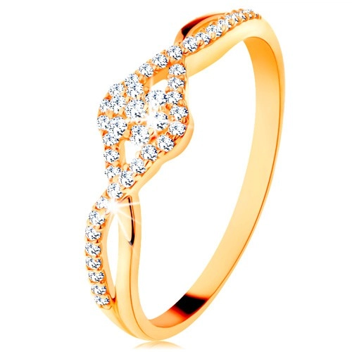 Zlatý prsten 585 - propletená rozdvojená ramena, čirý zirkonový kvítek - Velikost: 49