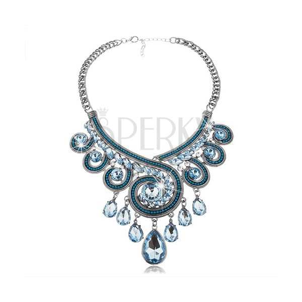 Mohutný blýskavý náhrdelník se spirálovitým vzorem, modré zirkony a kuličky
