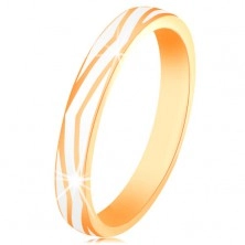 Zlatý prsten 585 - zvlněné pásy z lesklé bílé glazury, hladký povrch