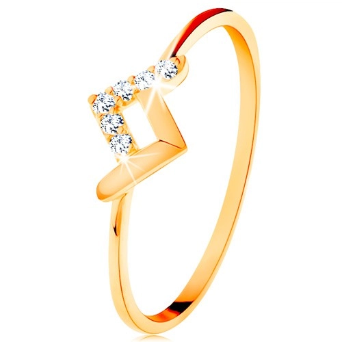 Blýskavý prsten ve žlutém 14K zlatě - lesklý a zirkonový zalomený proužek - Velikost: 49