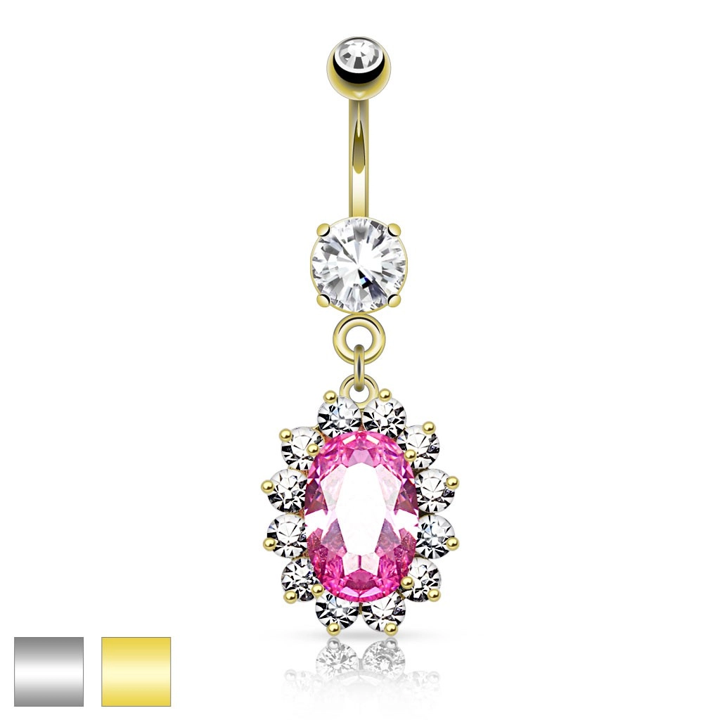 Ocelový piercing do pupíku, růžový zirkonový ovál, čirý blýskavý lem - Barva piercing: Zlatá