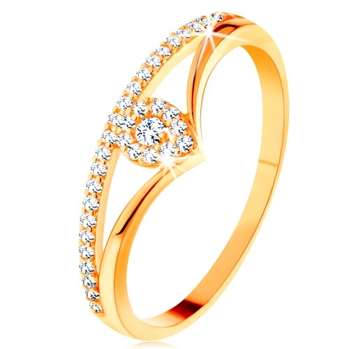 Zlatý prsten 585 - rozdvojená zahnutá ramena, čirá zirkonová kapka - Velikost: 57