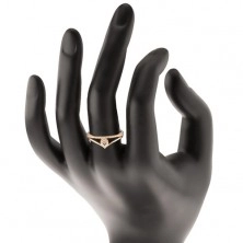Zlatý prsten 585 - rozdvojená zahnutá ramena, čirá zirkonová kapka