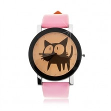 Analogové hodinky - velký ciferník s černou kočičkou a zirkony, růžový náramek