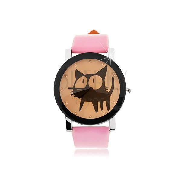 Analogové hodinky - velký ciferník s černou kočičkou a zirkony, růžový náramek