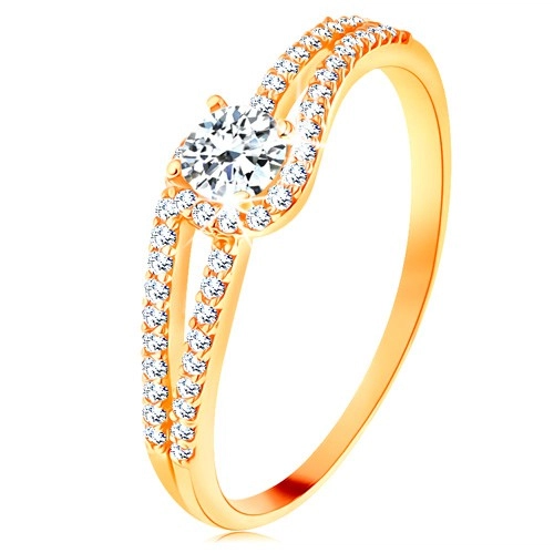 Zlatý prsten 585 s rozdělenými třpytivými rameny, čirý zirkon - Velikost: 49