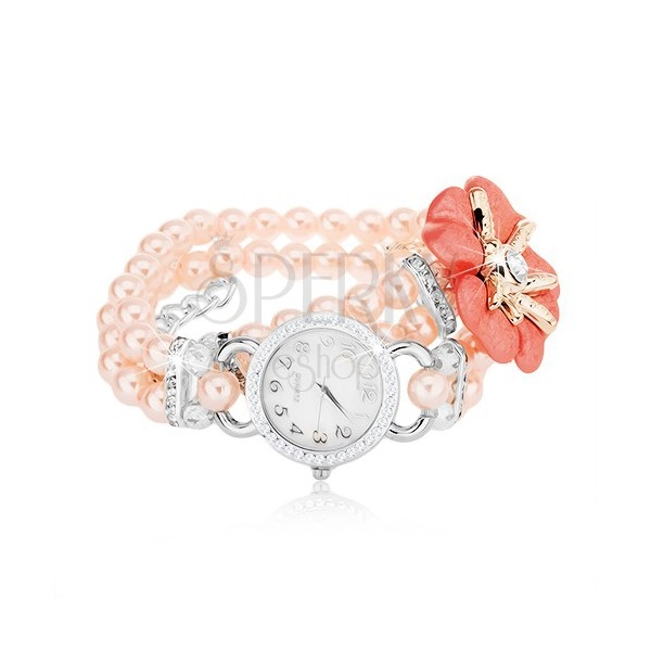 Náramkové hodinky, ciferník se zirkony, korálkový růžový náramek, květ